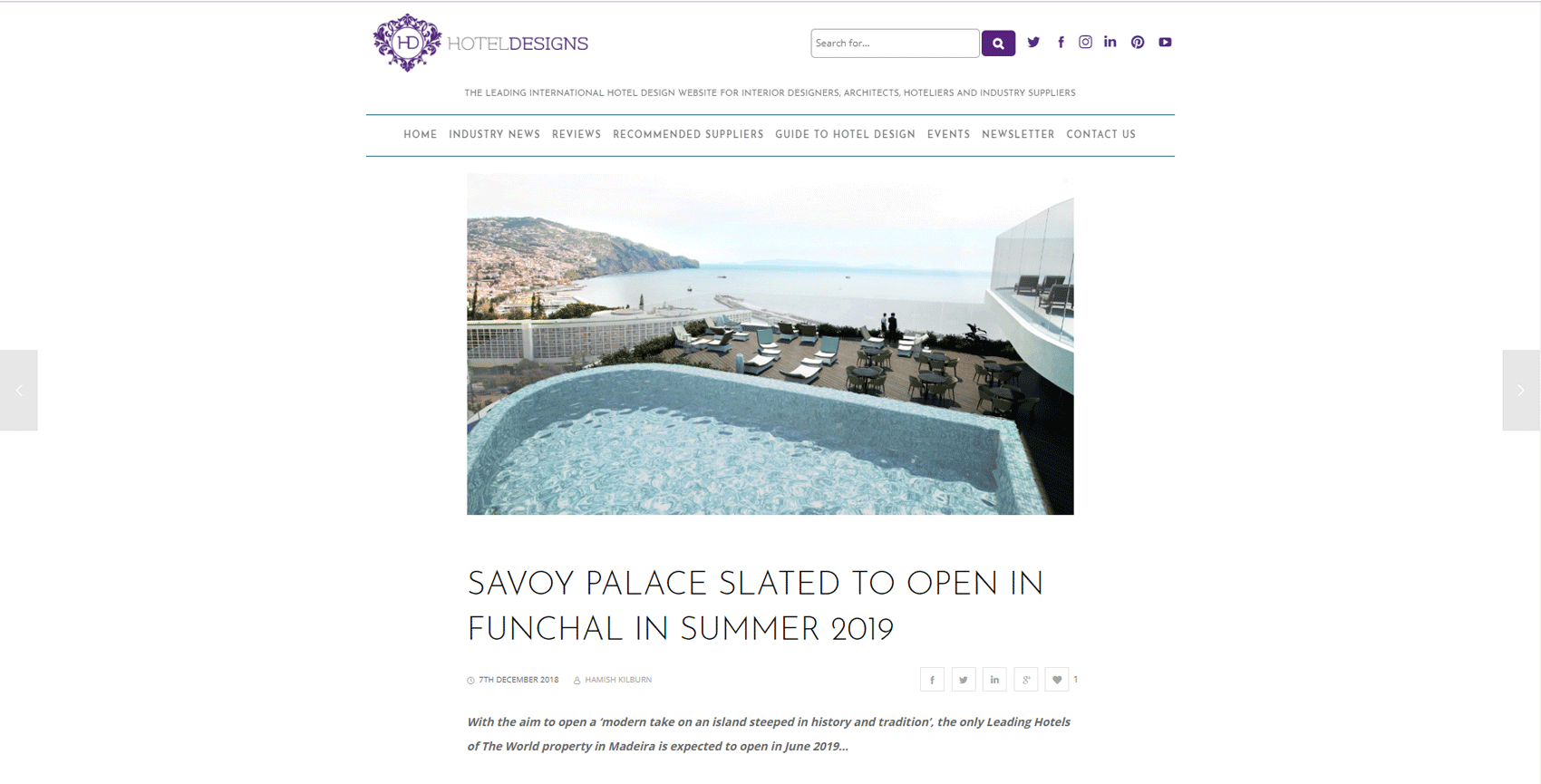 'Savoy Palace Slated to Open in Funchal in Summer 2019', 'Hotel Designs' Website